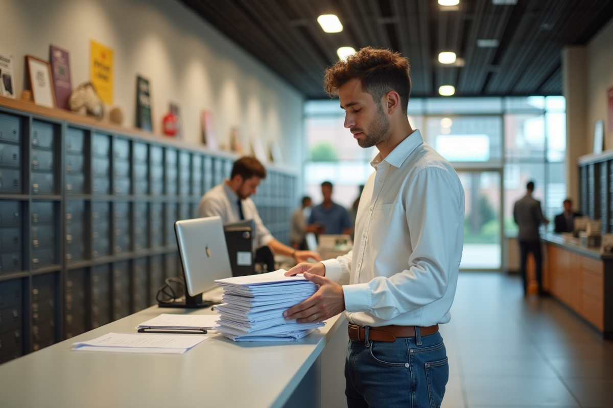 Jeune homme déposant du courrier à un bureau de poste moderne