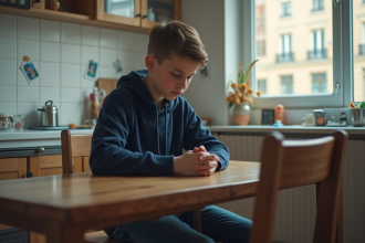 Adolescent pensif assis seul à la cuisine
