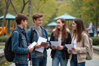 Quatre adolescents discutent dans un parc urbain