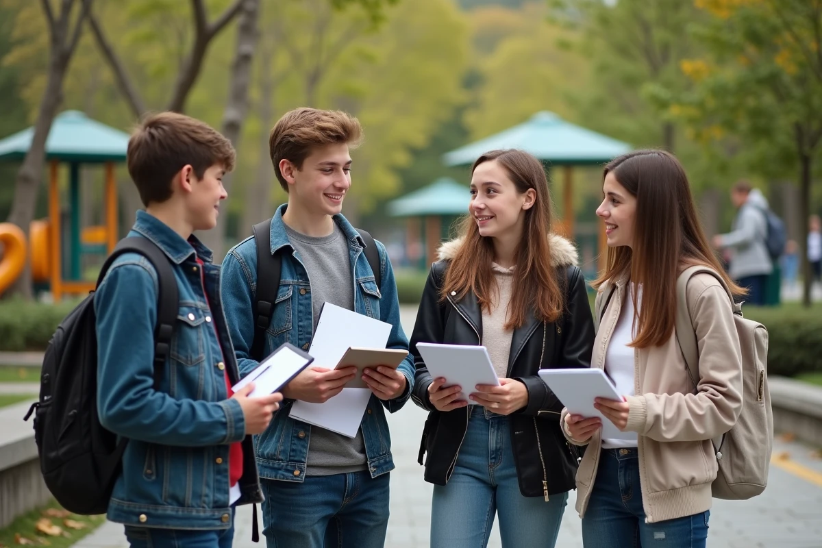 Quatre adolescents discutent dans un parc urbain