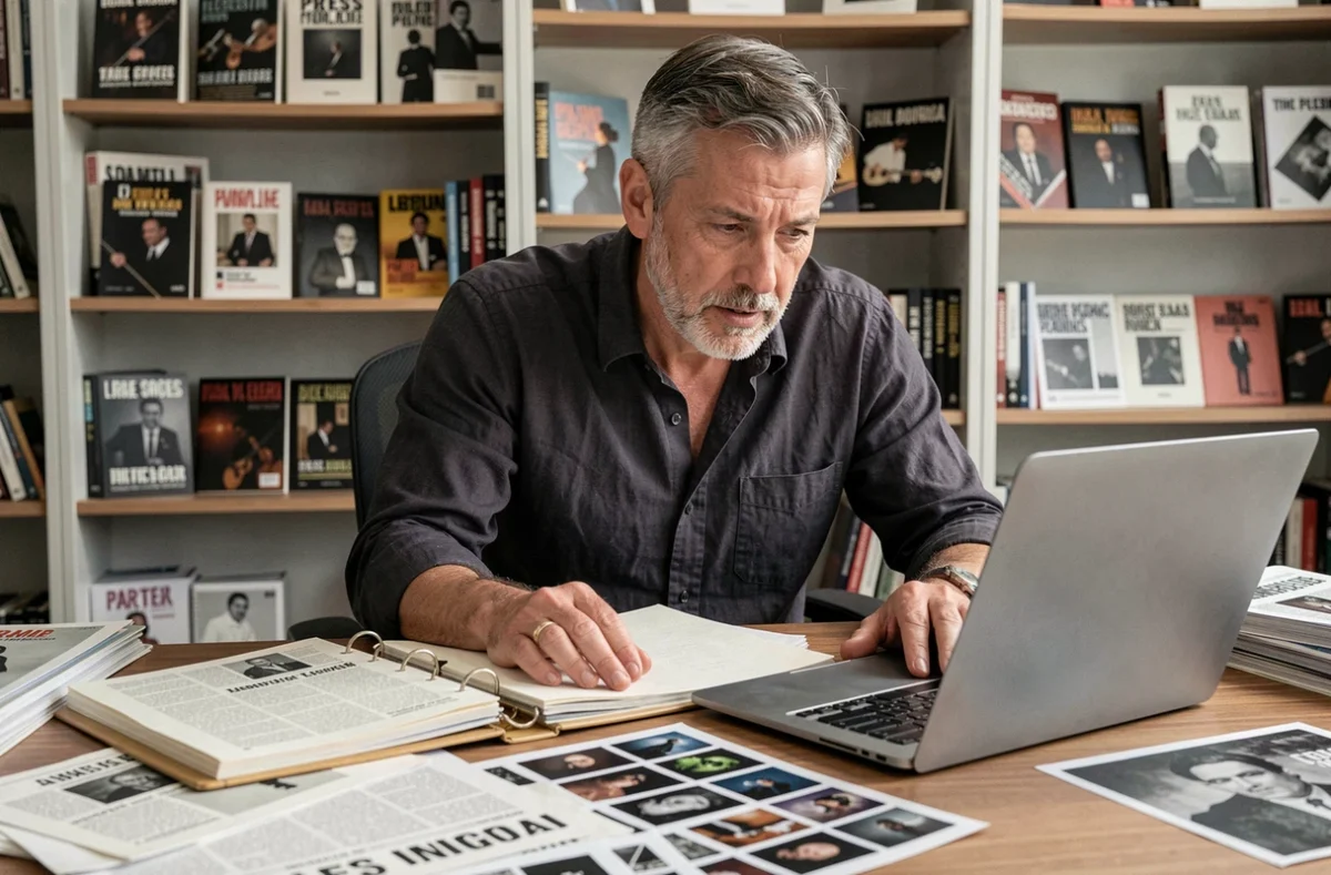 Journaliste masculin d'une quarantaine d'années analysant des archives photographiques et des coupures de presse sur son bureau dans une rédaction