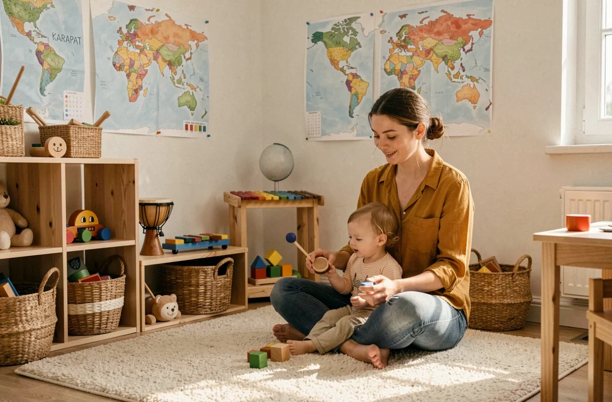 Éducatrice jouant d'un instrument de musique avec un enfant dans la crèche Karapat