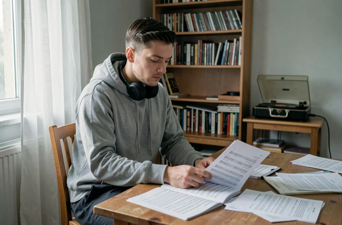 Jeune homme atteint du syndrome d'Asperger révisant des paroles de chansons chez lui, symbolisant la passion musicale et la préparation hors norme de Kévin pour l'émission N'oubliez pas les paroles