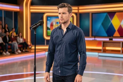 Jeune homme autiste Asperger sur un plateau de télévision français, concentré devant un micro, illustrant le parcours de Kévin dans l'émission N'oubliez pas les paroles