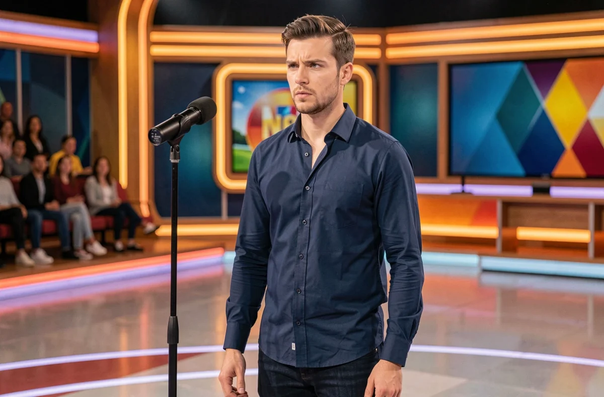 Jeune homme autiste Asperger sur un plateau de télévision français, concentré devant un micro, illustrant le parcours de Kévin dans l'émission N'oubliez pas les paroles