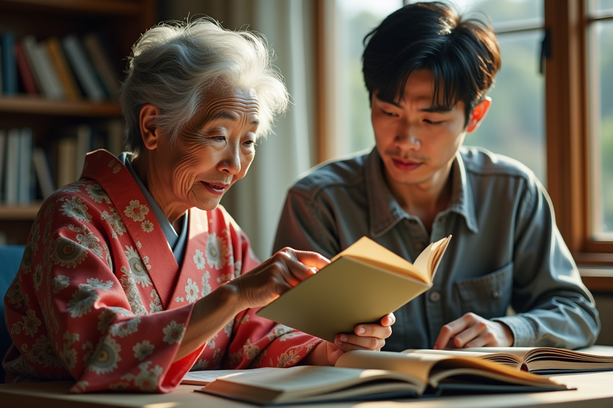 Une femme âgée en kimono et un jeune homme lisant des livres ensemble