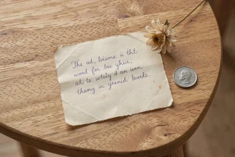 Lettre manuscrite de la petite souris sur papier crème posée sur une table Montessori en bois avec une pièce de monnaie