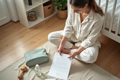 Jeune femme enceinte minimaliste assise sur un parquet avec une liste de naissance courte et quelques objets essentiels pour bébé soigneusement sélectionnés