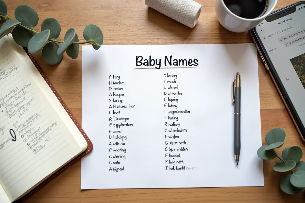 Vue aérienne d'une liste de prénoms imprimée annotée à la main sur une table en bois avec un smartphone