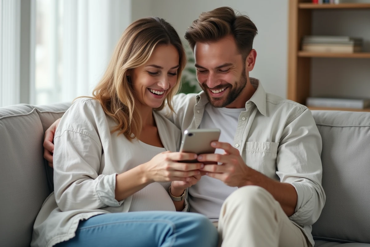 Couple découvrant ensemble une liste de prénoms tendance sur smartphone dans un salon moderne