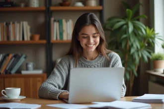 Jeune femme consultant une liste de prénoms populaires sur son ordinateur portable à la maison