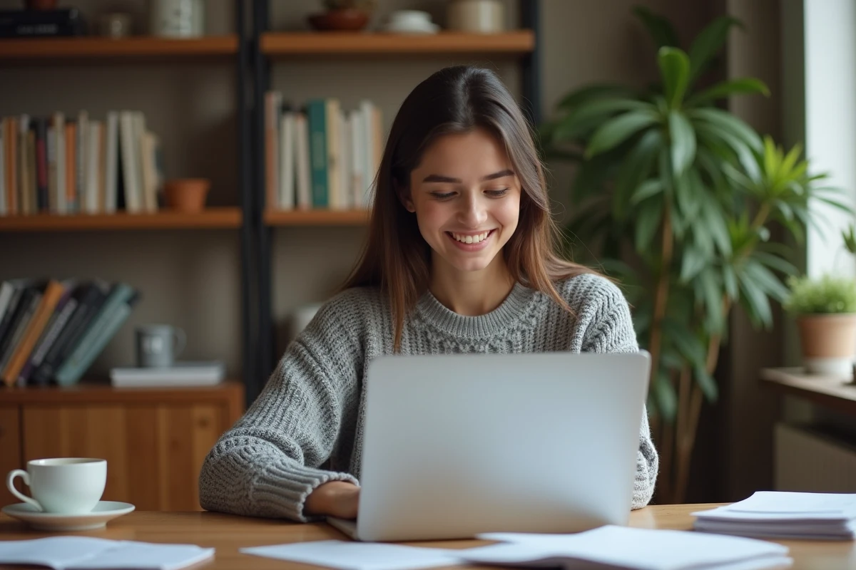 Jeune femme consultant une liste de prénoms populaires sur son ordinateur portable à la maison