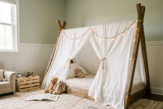 Lit tipi en bois avec baldaquin blanc dans une chambre d'enfant décorée en tons naturels