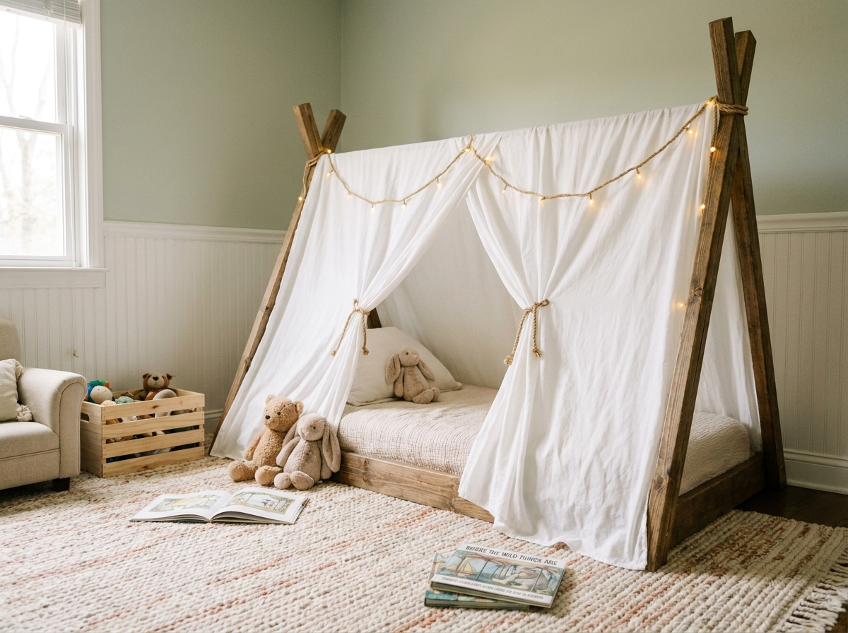 Lit tipi en bois avec baldaquin blanc dans une chambre d'enfant décorée en tons naturels