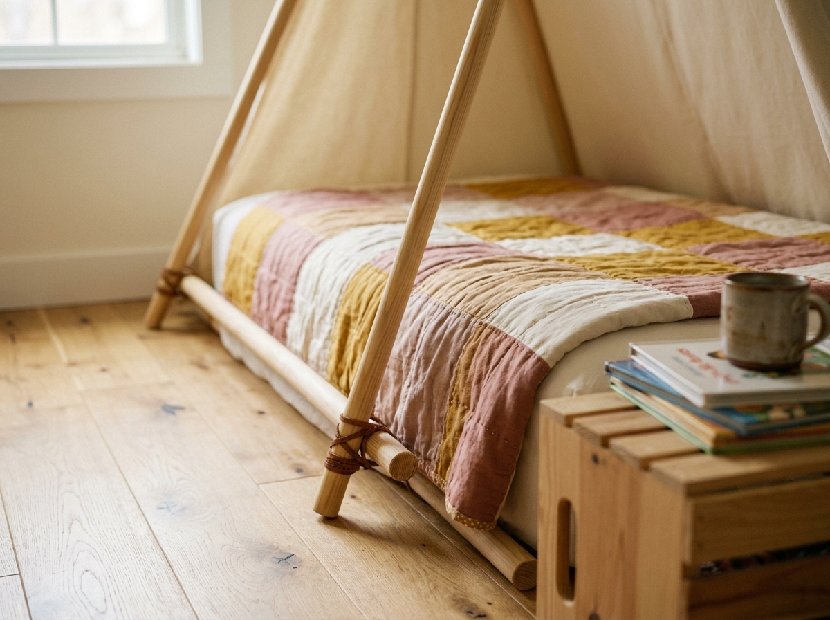 Structure en bois d'un lit tipi avec couette patchwork colorée vue en gros plan