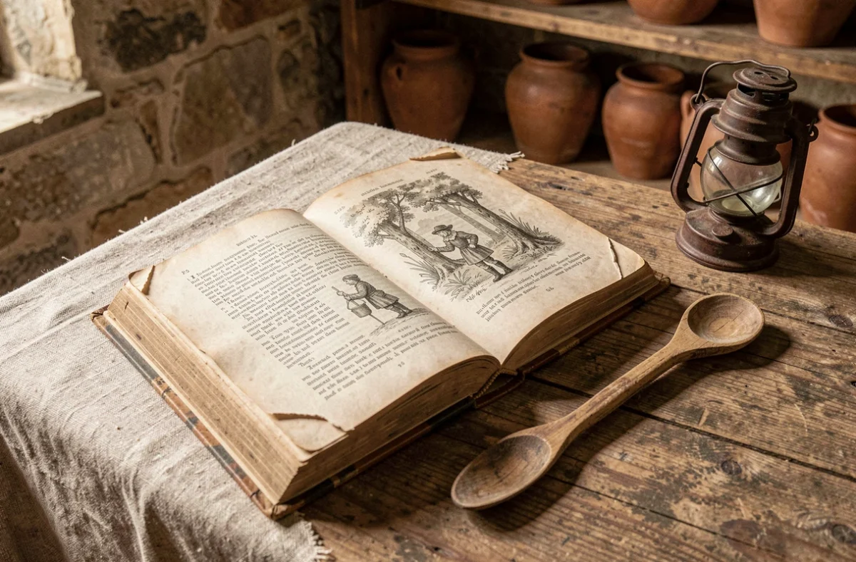 Vieux livre de contes ouvert sur une table en bois rustique avec une lanterne, évoquant le conte de Petit Poucet