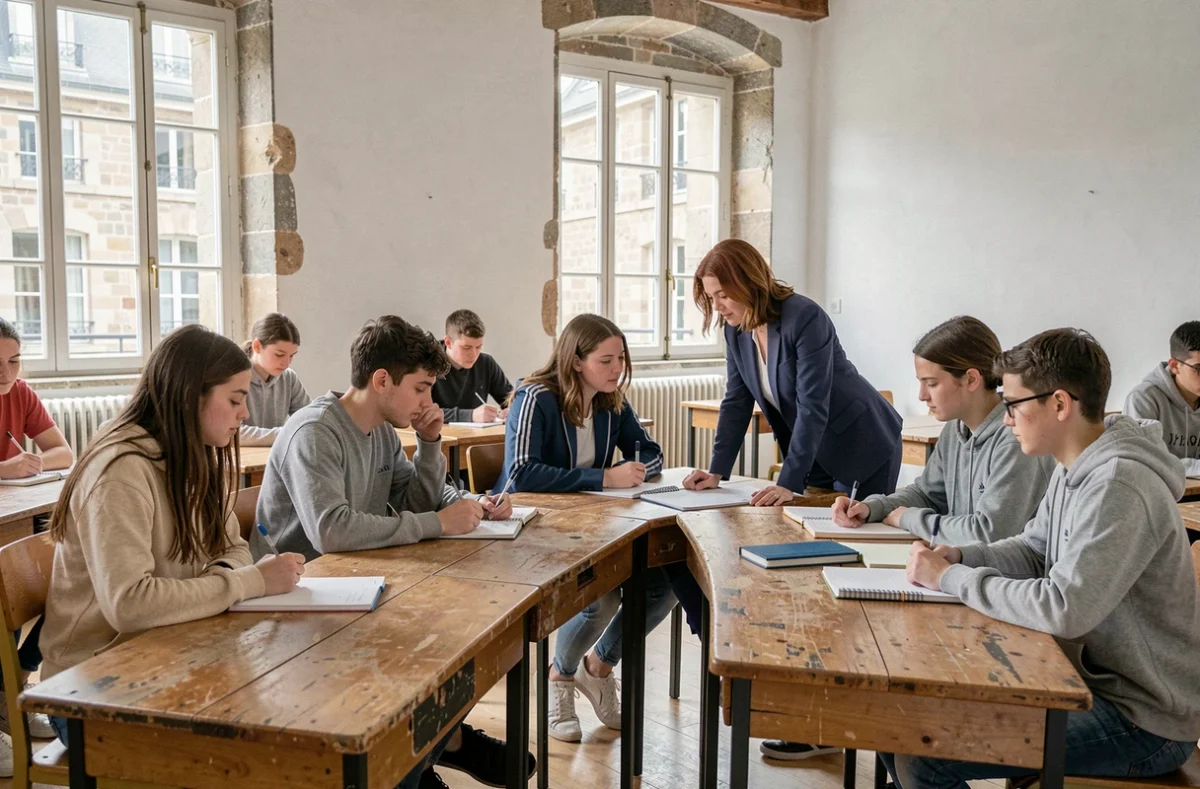 Élèves du lycée L'Assomption - Sainte Clotilde à Bordeaux en session d'étude collaborative dans une salle de classe historique