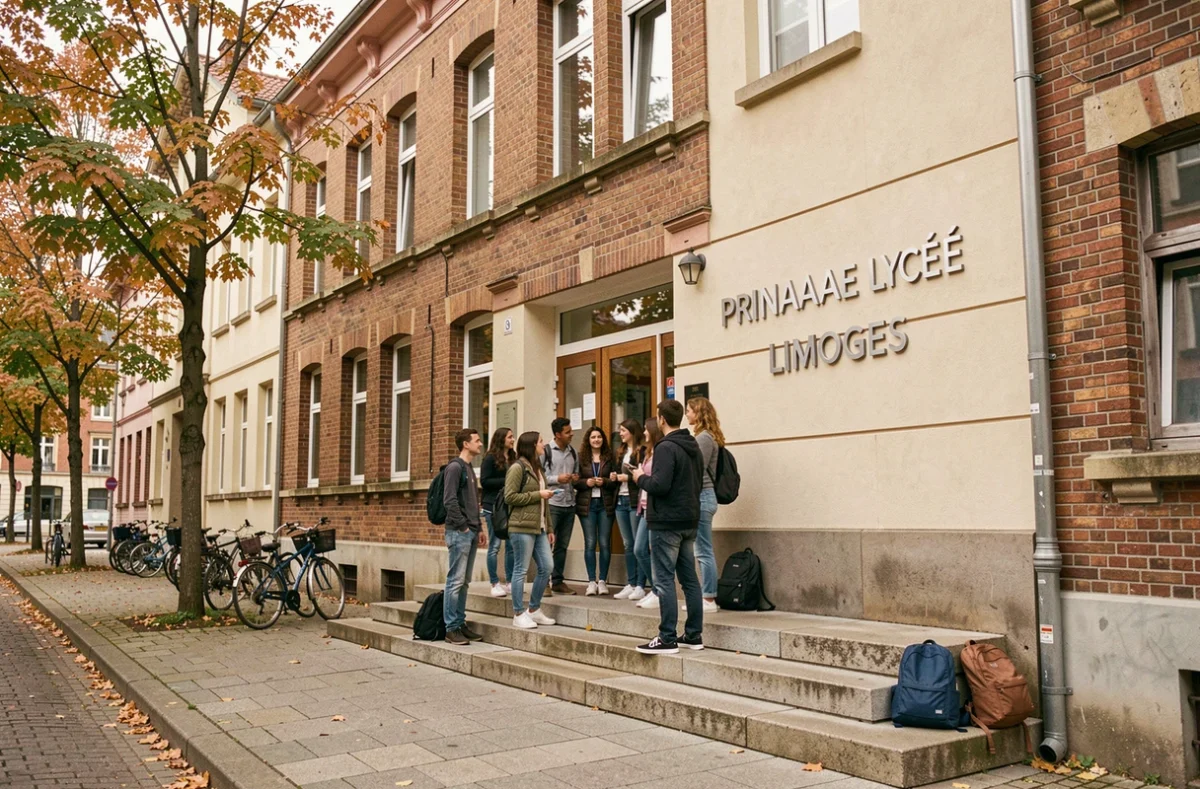 Façade du lycée privé Saint-Jean à Limoges avec des lycéens discutant sur les marches après les cours