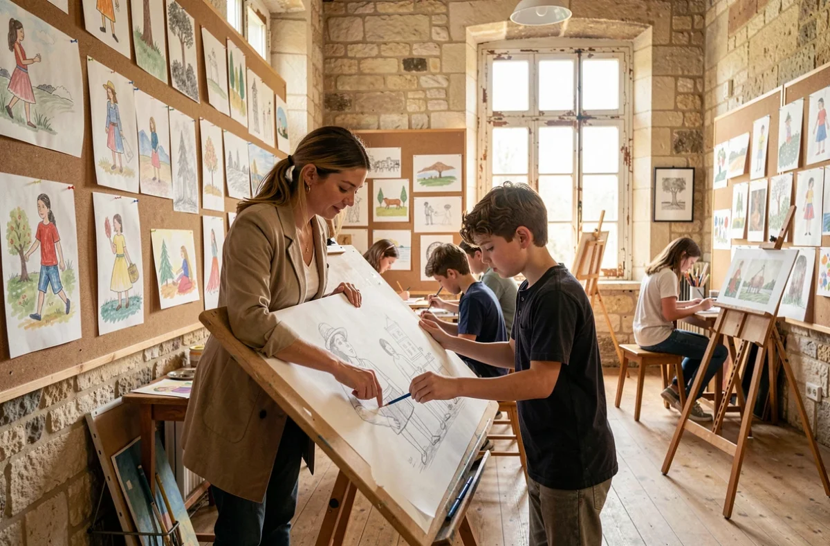 Cours d'art au lycée Saint-Joseph de Périgueux avec une enseignante guidant un lycéen sur un dessin