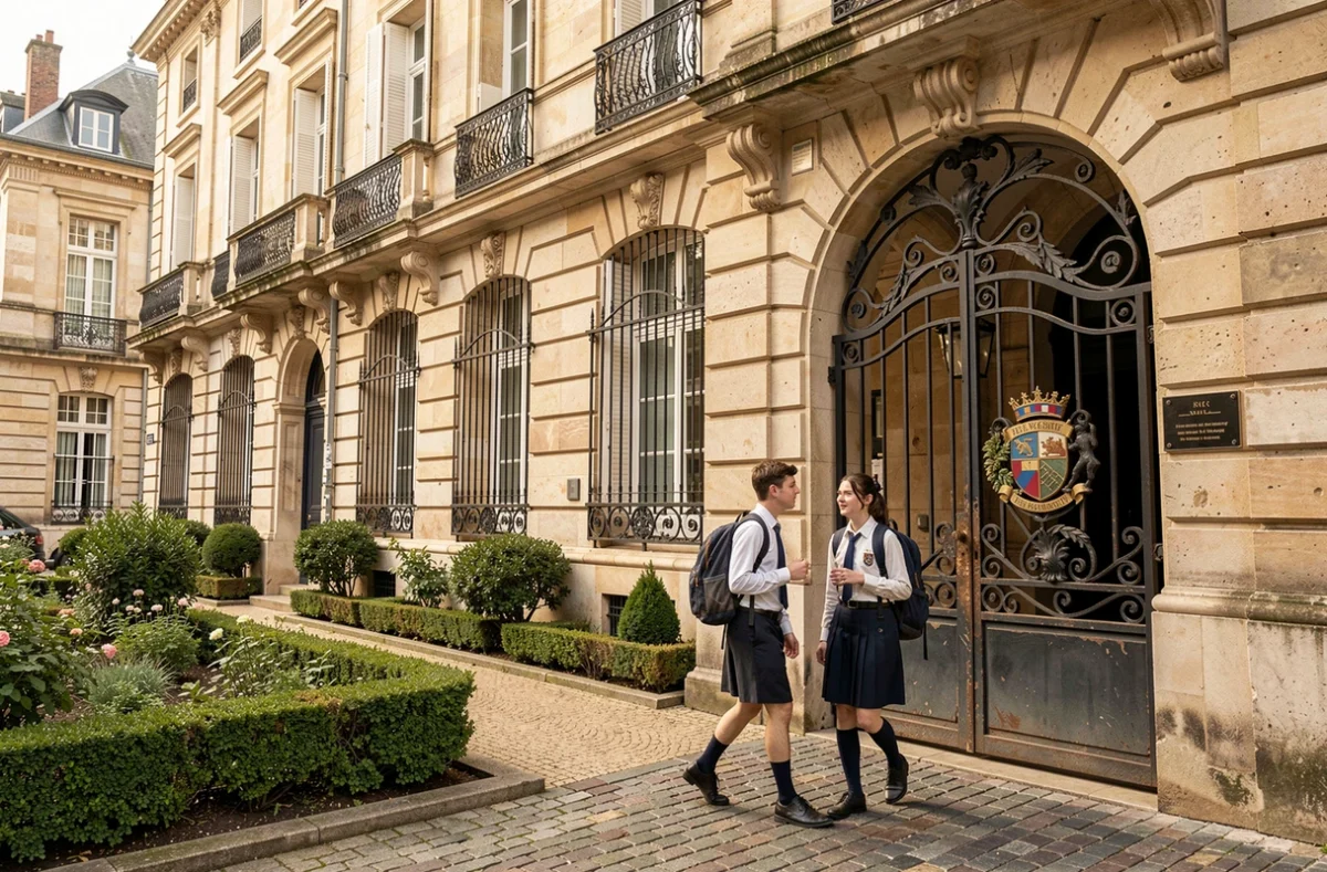 Façade en pierre et portail du lycée Saint-Joseph de Tivoli à Bordeaux avec des élèves entrant dans l'établissement