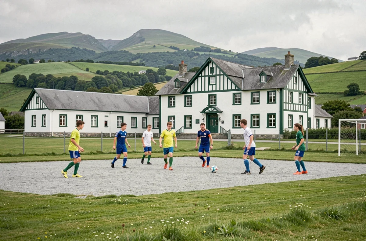 Terrain de sport du lycée Saint-Joseph d'Ustaritz avec des élèves jouant au football sur fond de collines basques