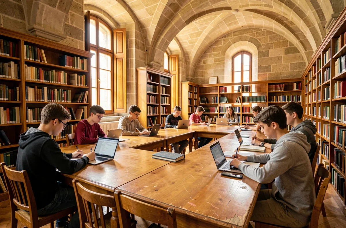 Salle de lecture de la bibliothèque du lycée Sainte-Marie Grand Lebrun à Bordeaux avec des lycéens studieux