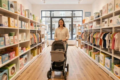Une jeune mère pousse une poussette moderne dans un grand magasin de puériculture bien achalandé dans le Nord de la France