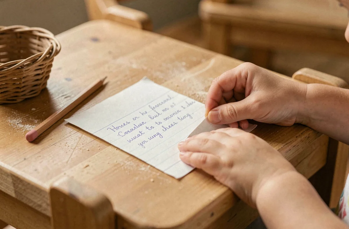 Mains d'enfant pliant une lettre manuscrite de la petite souris sur un bureau Montessori en bois