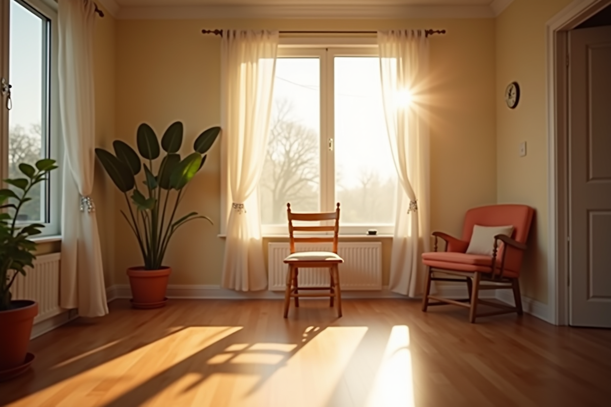 Salle a manger lumineuse avec une chaise vide symbolisant absence