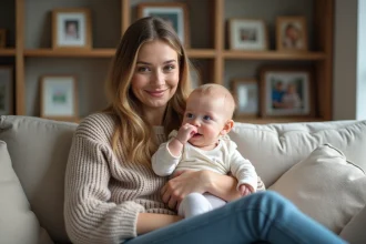 Jeune maman souriante avec son bébé à la maison