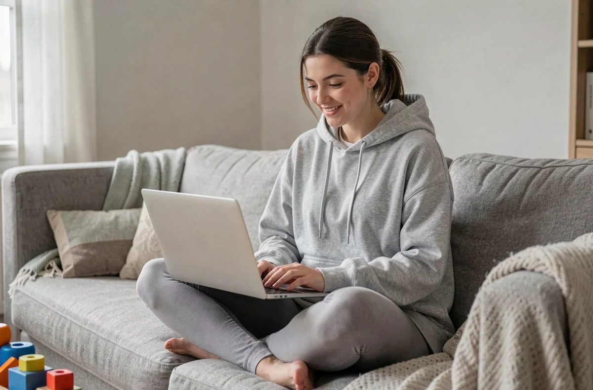Jeune maman souriante devant son ordinateur portable, connectée à une communauté en ligne de soutien pour mères, ambiance cosy et bienveillante