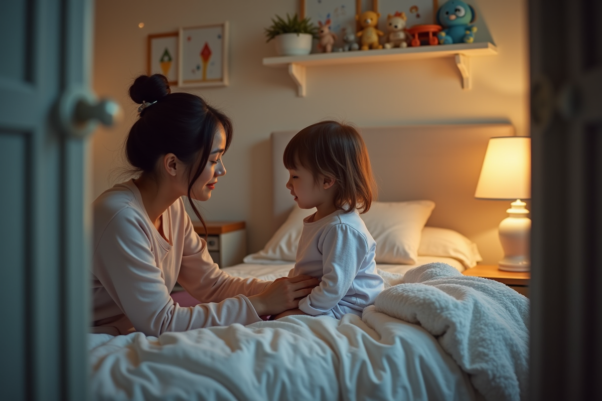 Maman rassurant sa fille dans sa chambre