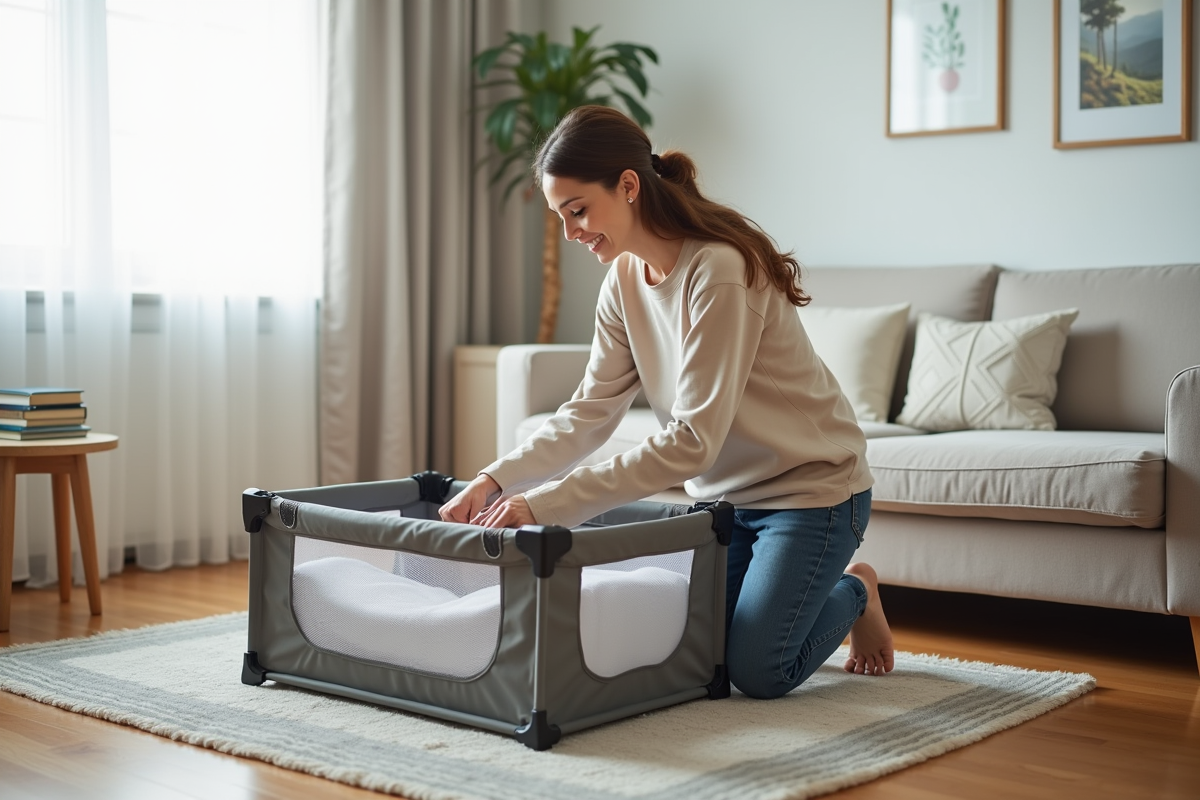 Maman souriante plie un berceau dans un salon lumineux