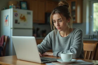 Maman solo en train d'évaluer une plateforme de rencontres sur son ordinateur portable dans sa cuisine, entourée du quotidien familial