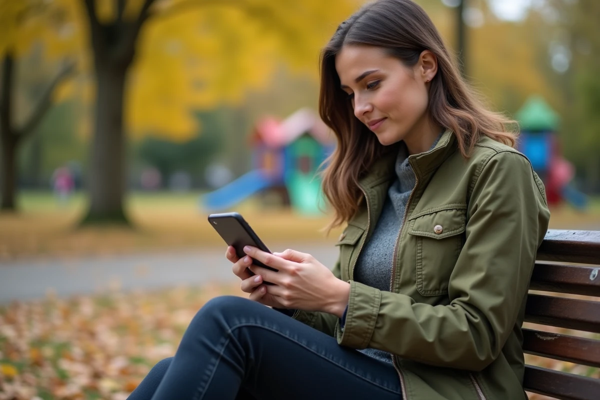Maman solo lisant des avis sur une application de rencontres depuis son téléphone dans un parc, regard pensif et hésitant