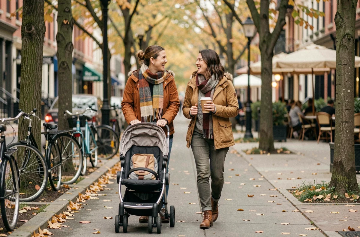 Deux mamans se promenant en ville avec une poussette et un café, partageant un moment de complicité et d'entraide au quotidien
