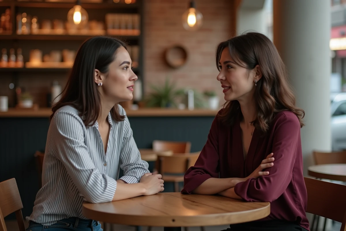 Deux mamans solos discutant dans un café de leurs expériences sur des sites de rencontres spécialisés, échange sincère entre amies