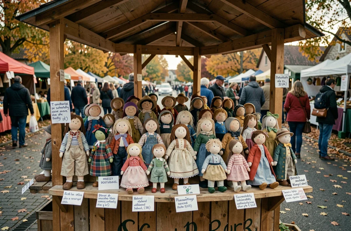Étal de marché artisanal présentant une collection de poupées sans plastique en tissu recyclé et caoutchouc naturel avec étiquettes écoresponsables