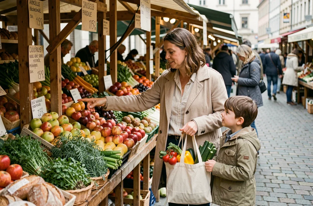 Mère de famille faisant ses courses dans un marché de rue européen pour réduire le budget nourriture en voyage