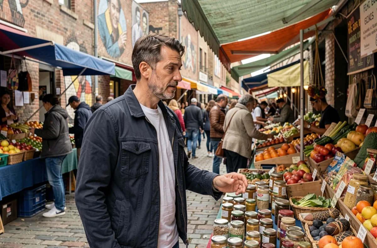 Homme en veste marine explorant un marché urbain multiculturel en plein air, interagissant avec des vendeurs parmi les étals colorés, symbolisant l'ancrage des origines dans la vie quotidienne et la vision sociale