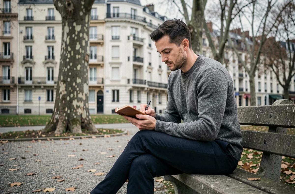 Homme en pull gris assis sur un banc dans un parc urbain en automne, écrivant dans un carnet avec en arrière-plan une architecture mêlant immeubles haussmanniens et bâtiments brutalistes, évoquant l'influence des origines sur le regard porté à la société