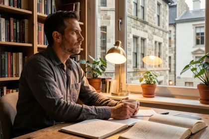 Homme réfléchi assis à un bureau en bois avec des livres ouverts, regardant par une fenêtre donnant sur une rue urbaine mêlant architecture ancienne et moderne, illustrant l'influence des origines sur la perception de la société