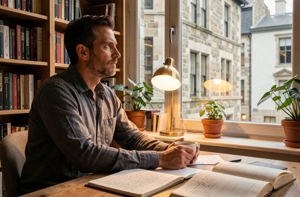 Homme réfléchi assis à un bureau en bois avec des livres ouverts, regardant par une fenêtre donnant sur une rue urbaine mêlant architecture ancienne et moderne, illustrant l'influence des origines sur la perception de la société