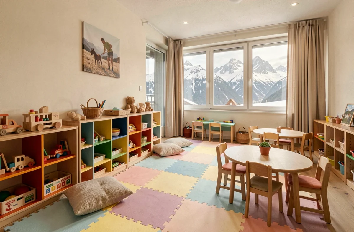 Intérieur coloré d'une crèche en Haute-Savoie avec vue sur les montagnes enneigées