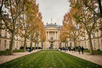 Vue grand angle d'un campus d'école privée en Nouvelle-Aquitaine avec architecture en pierre et élèves dans la cour