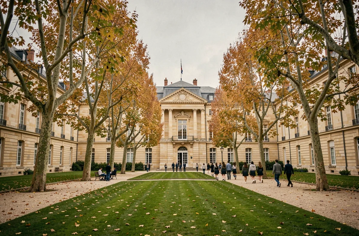 Vue grand angle d'un campus d'école privée en Nouvelle-Aquitaine avec architecture en pierre et élèves dans la cour