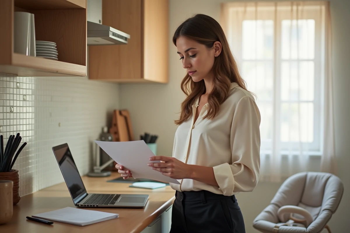 Mère en congé parental lisant une lettre de renouvellement dans sa cuisine aménagée en espace de télétravail