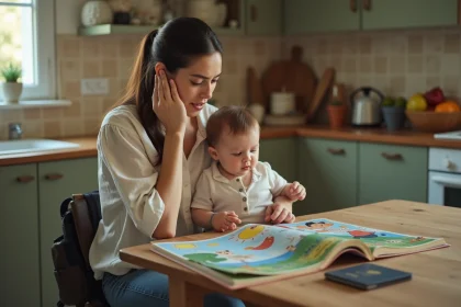 Mère et jeune enfant consultant un livre à la maison avec un passeport posé sur la table, évoquant une absence à l'école maternelle pour un voyage