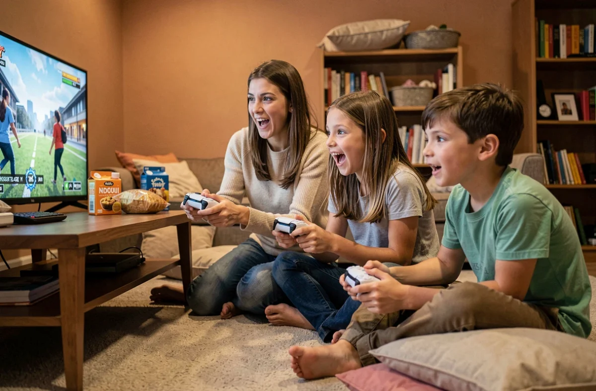 Mère et deux enfants assis par terre jouant à la PS5 en coopératif dans une salle familiale chaleureuse avec manettes DualSense