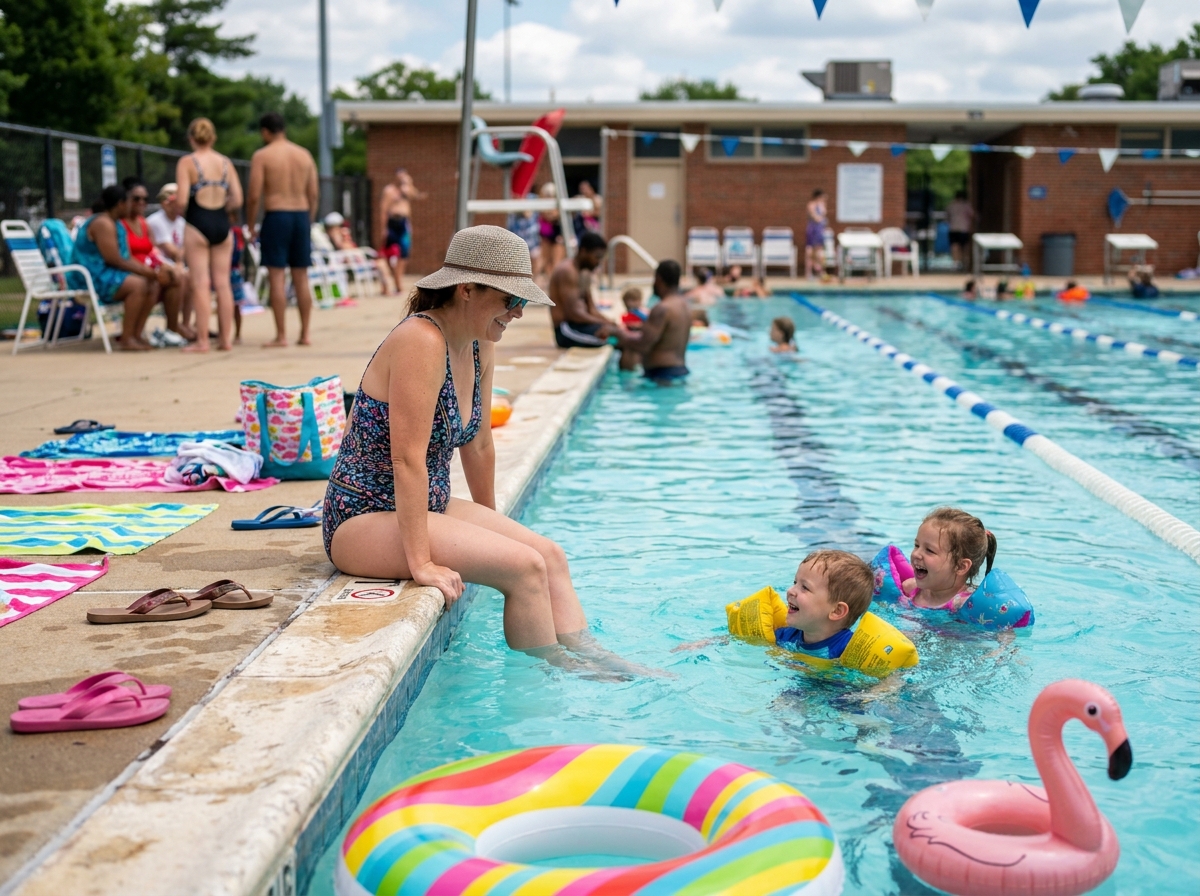Mère surveillant ses enfants jouant avec des bouées dans une piscine municipale